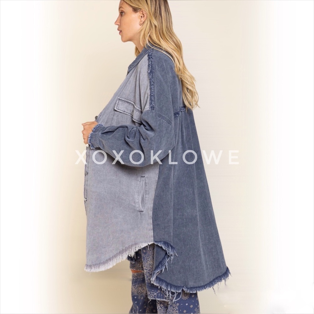 POL Oversized Denim Shacket | Blue Gray Colorblock Longline Jacket - Picture 6 of 10